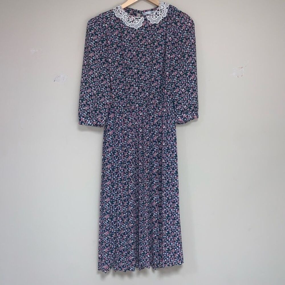 Vintage Prairie Cottagecore Pleated Floral Women’s 10 Dress 80s 90s Long Sleeve